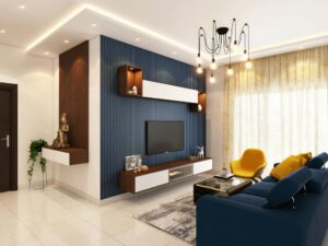 A living room with a navy walland sofa
